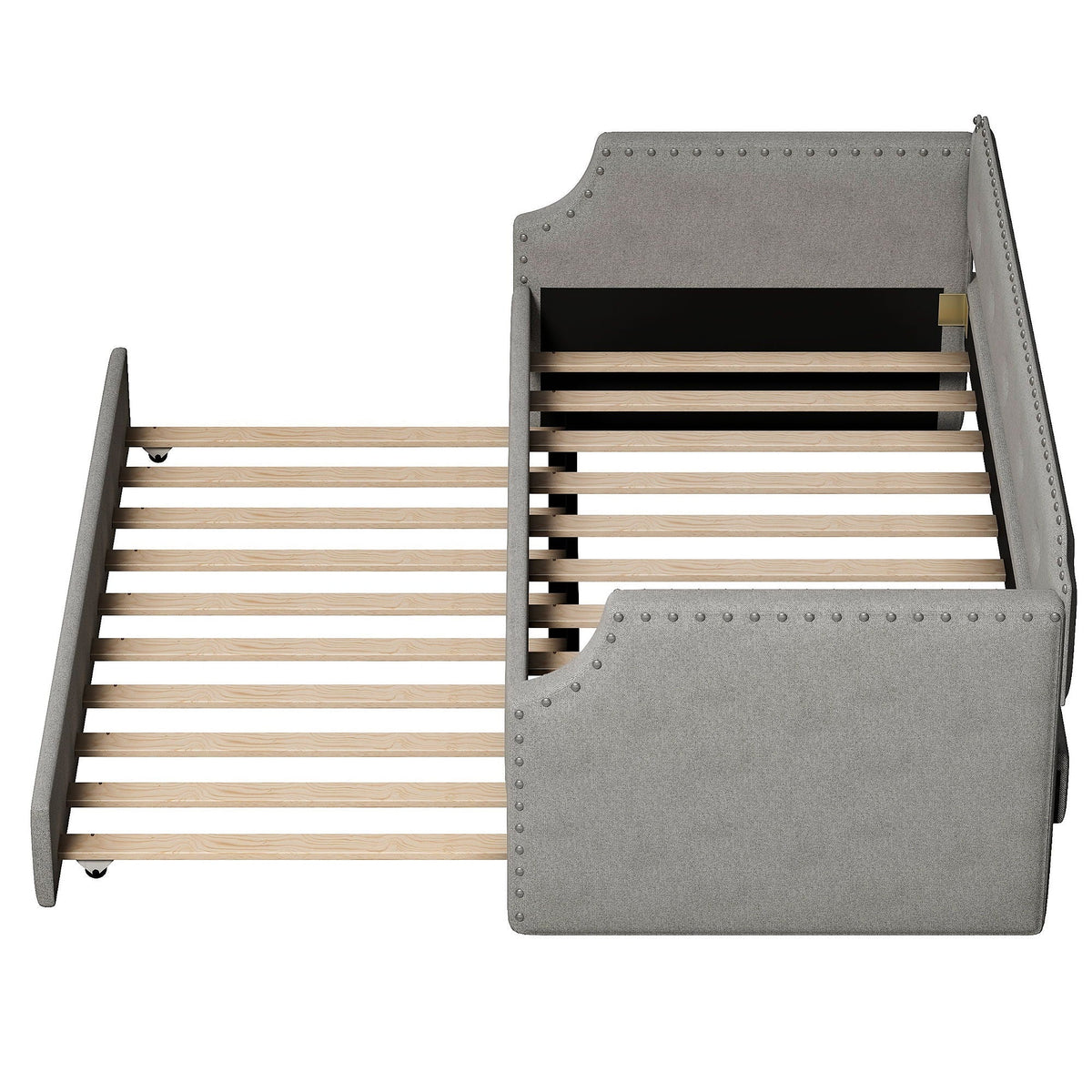 HouseOfZazla upholstered daybed with grey fabric and trundle, nailhead trim, wooden slats on Tampa Home & Garden Store