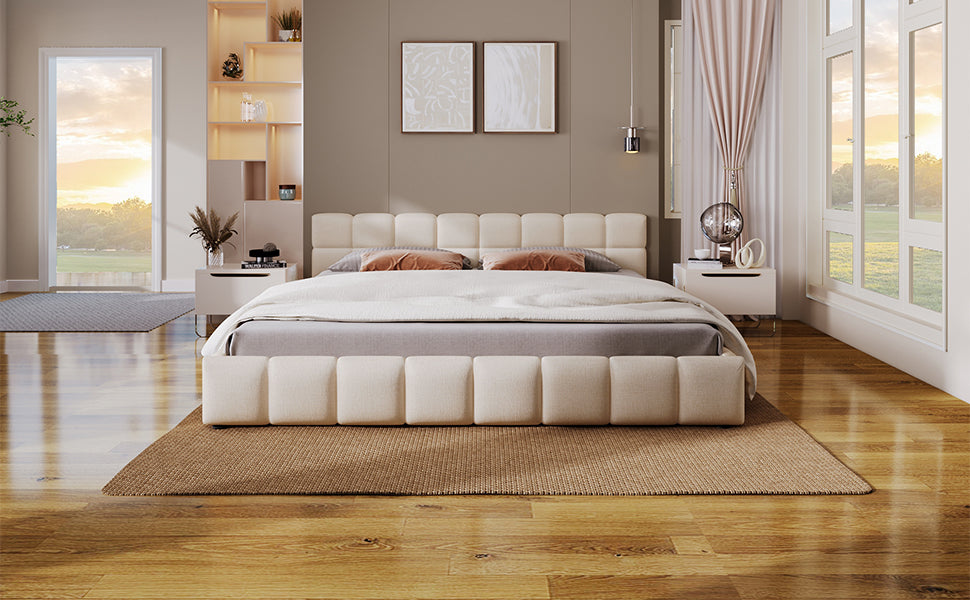 Elegant Chenille Upholstered Bed with Checkerboard Headboard beige by HouseOfZazla on Tampa Home & Garden Store