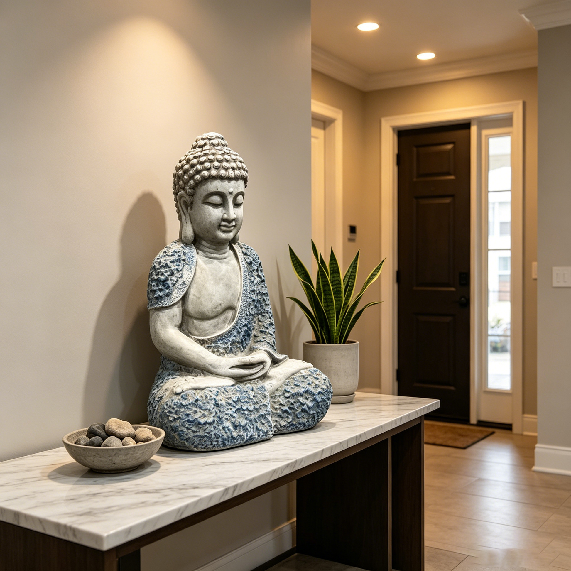 16'' weatherproof resin Buddha garden statue, seated gray stone finish on marble countertop on Tampa Home & Garden Store
