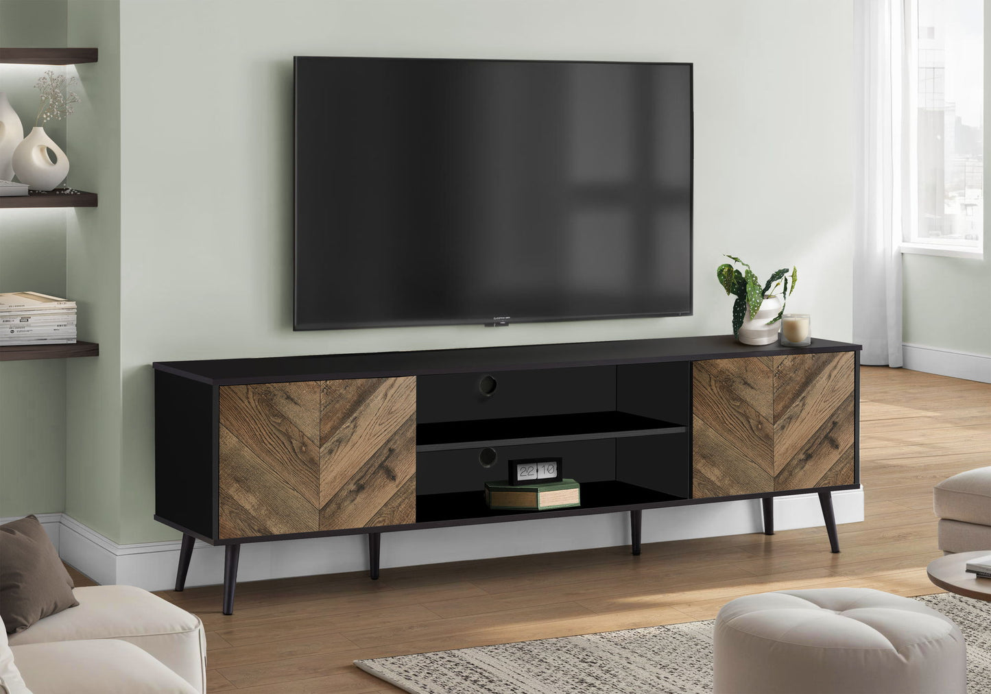 HouseOfZazla black TV stand with chevron wood-grain doors, open shelf, and angled mid-century legs on Tampa Home & Garden Store