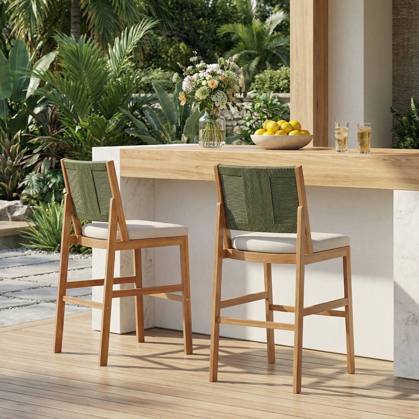Outdoor Acacia Wood Bar Stools set of 2 with natural wood frame and green woven backs on Tampa Home & Garden Store