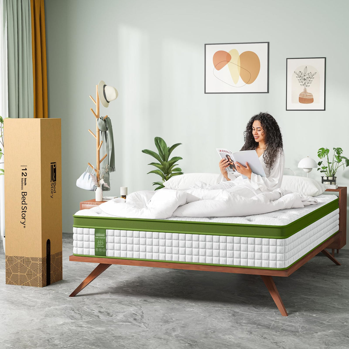 14 Inch Queen Hybrid Mattress by HouseOfZazla on a wooden bed frame in a bright, modern bedroom on Tampa Home & Garden Store