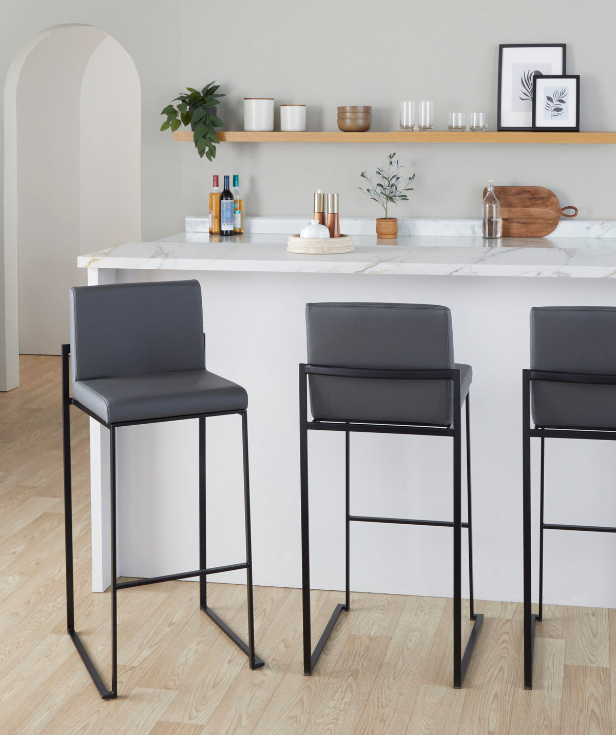 High-back contemporary barstool set in dark gray with black metal frames, 3 stools on Tampa Home & Garden Store