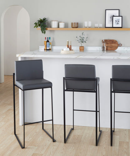 High-back contemporary barstool set in dark gray with black metal frames, 3 stools on Tampa Home & Garden Store