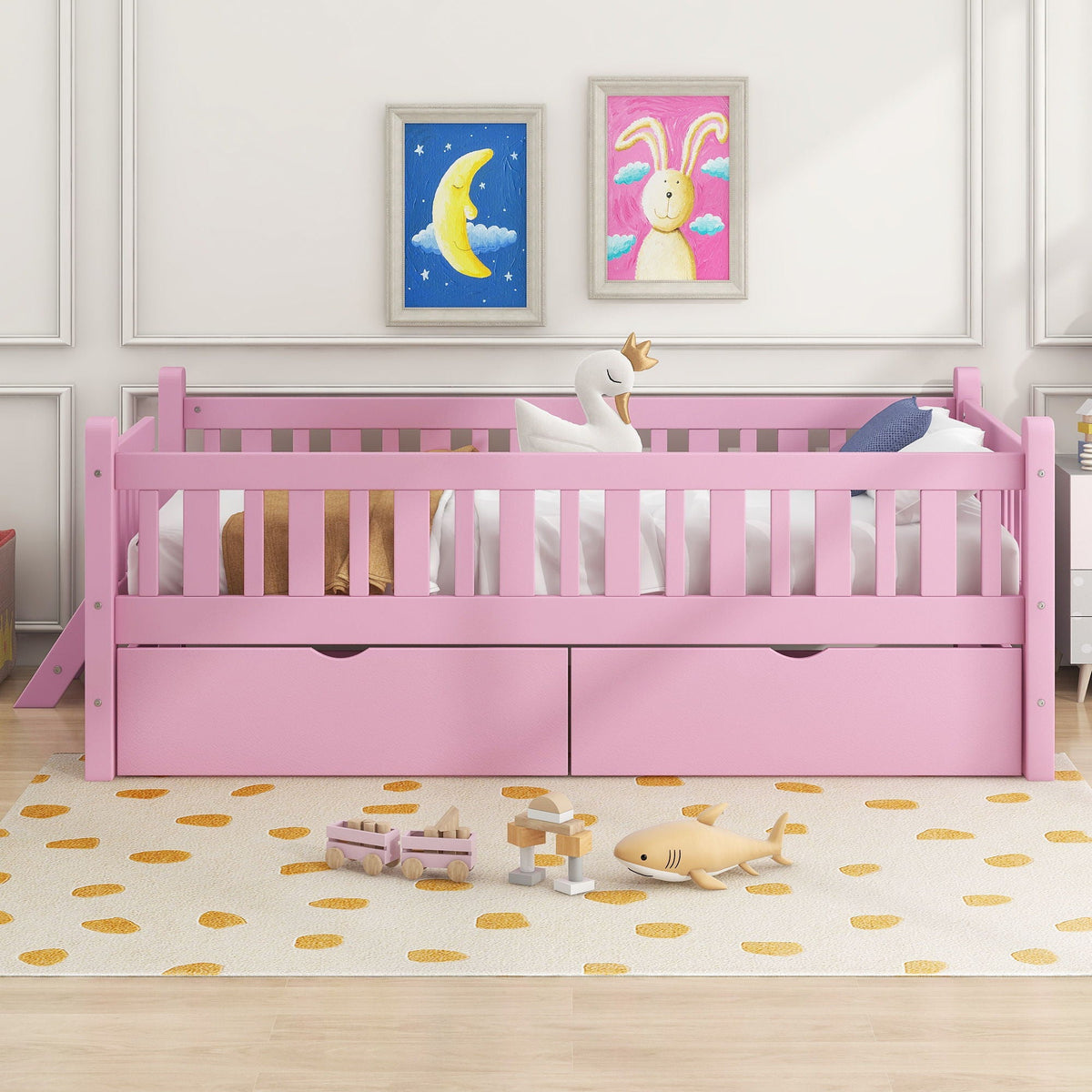 Platform bed with guardrail and 2 drawers in pink, HouseOfZazla kids storage bed on Tampa Home & Garden Store
