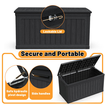 230-Gallon Large Outdoor Deck Box HouseOfZazla dark wood-grain with lockable lid on Tampa Home & Garden Store