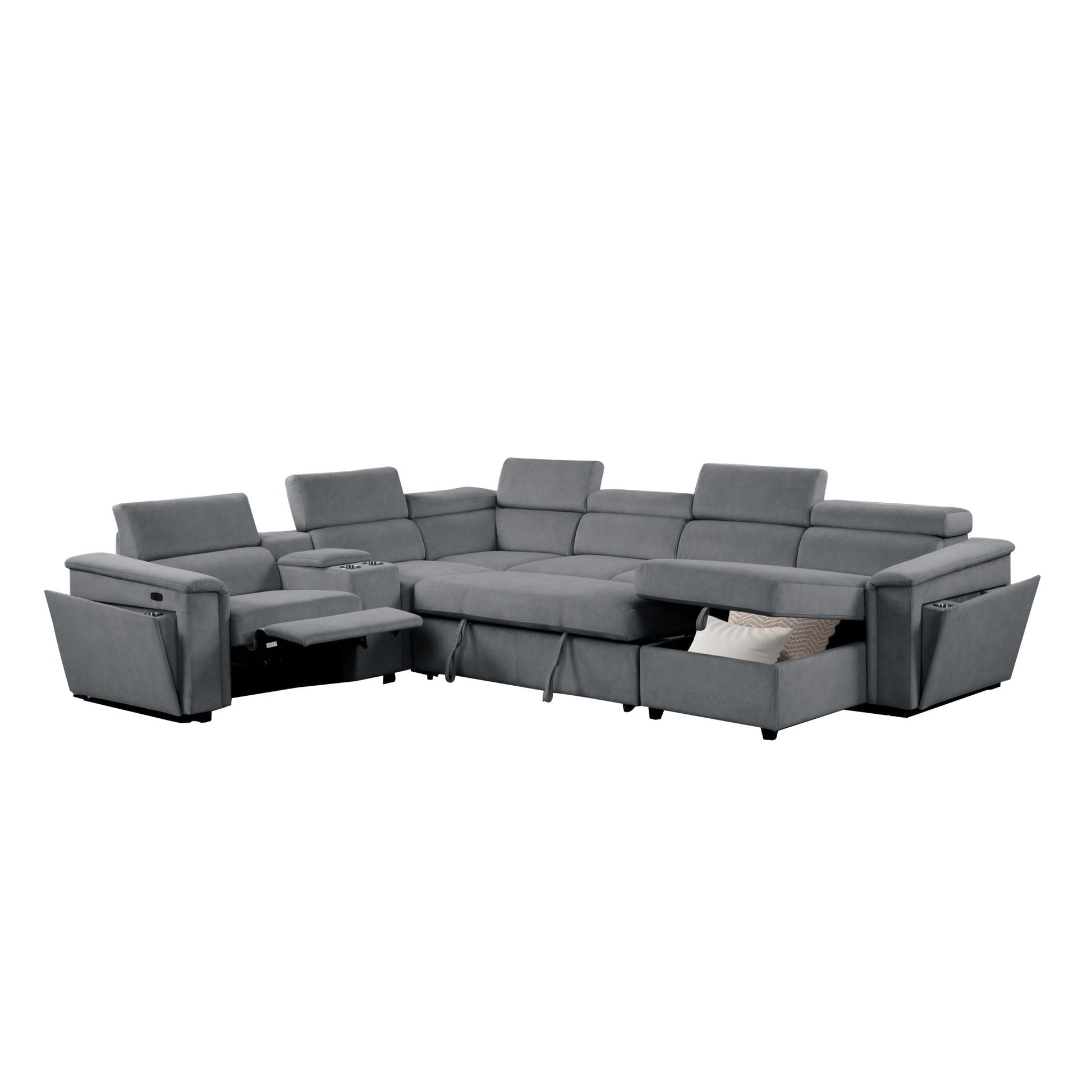 Harvey Power Recliner Sectional by HouseOfZazla, gray fabric with cupholders on Tampa Home & Garden Store