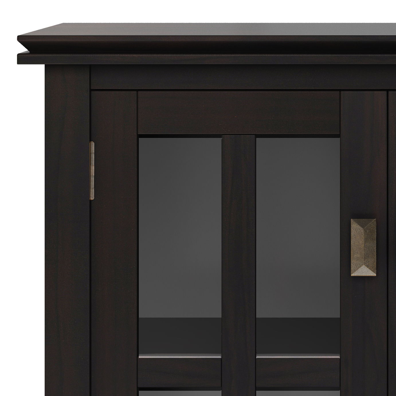 Artisan storage cabinet in Hickory Brown with glass doors and brass hardware by HouseOfZazla on Tampa Home & Garden Store