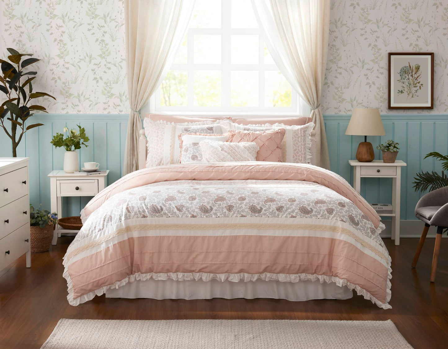 9 Piece Cotton Percale Comforter Set Blush HouseOfZazla; quilted bedding with ruffle trim on Tampa Home & Garden Store