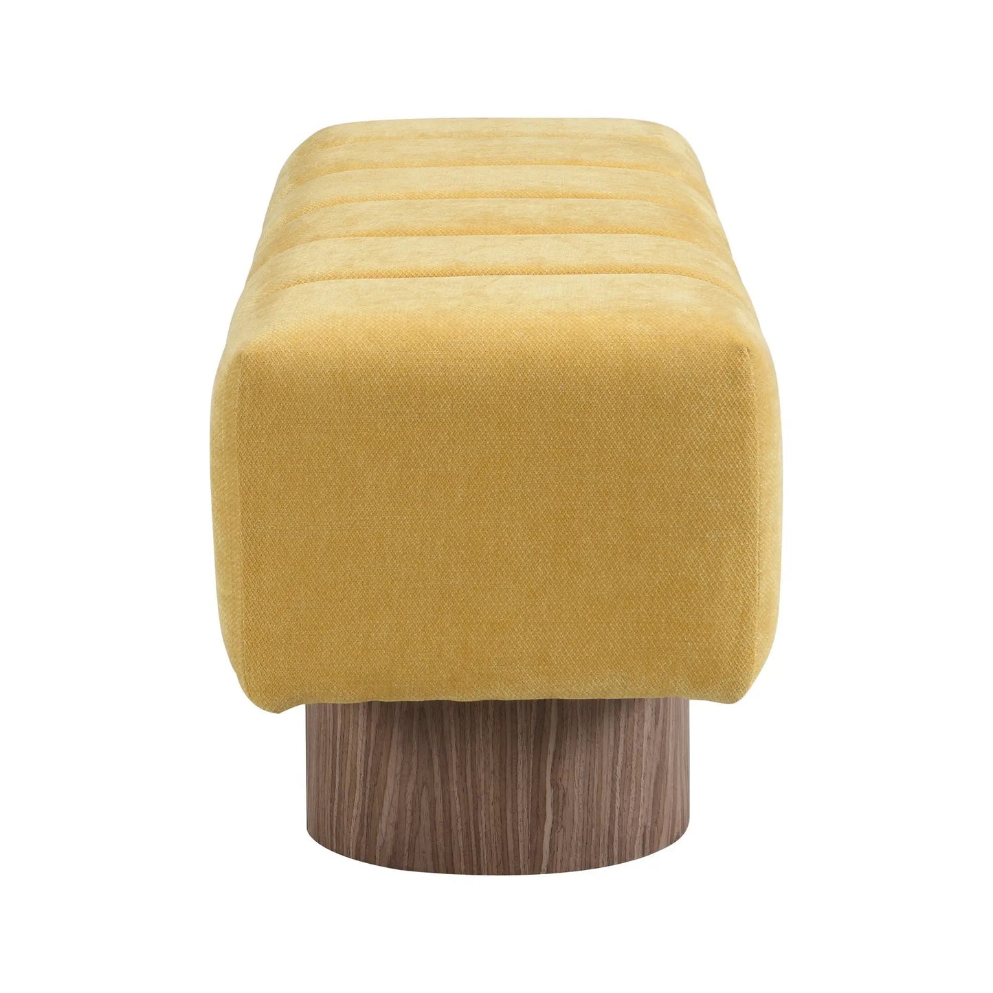 Upholstered dining bench in golden yellow striped fabric on a dark wood pedestal base on Tampa Home & Garden Store