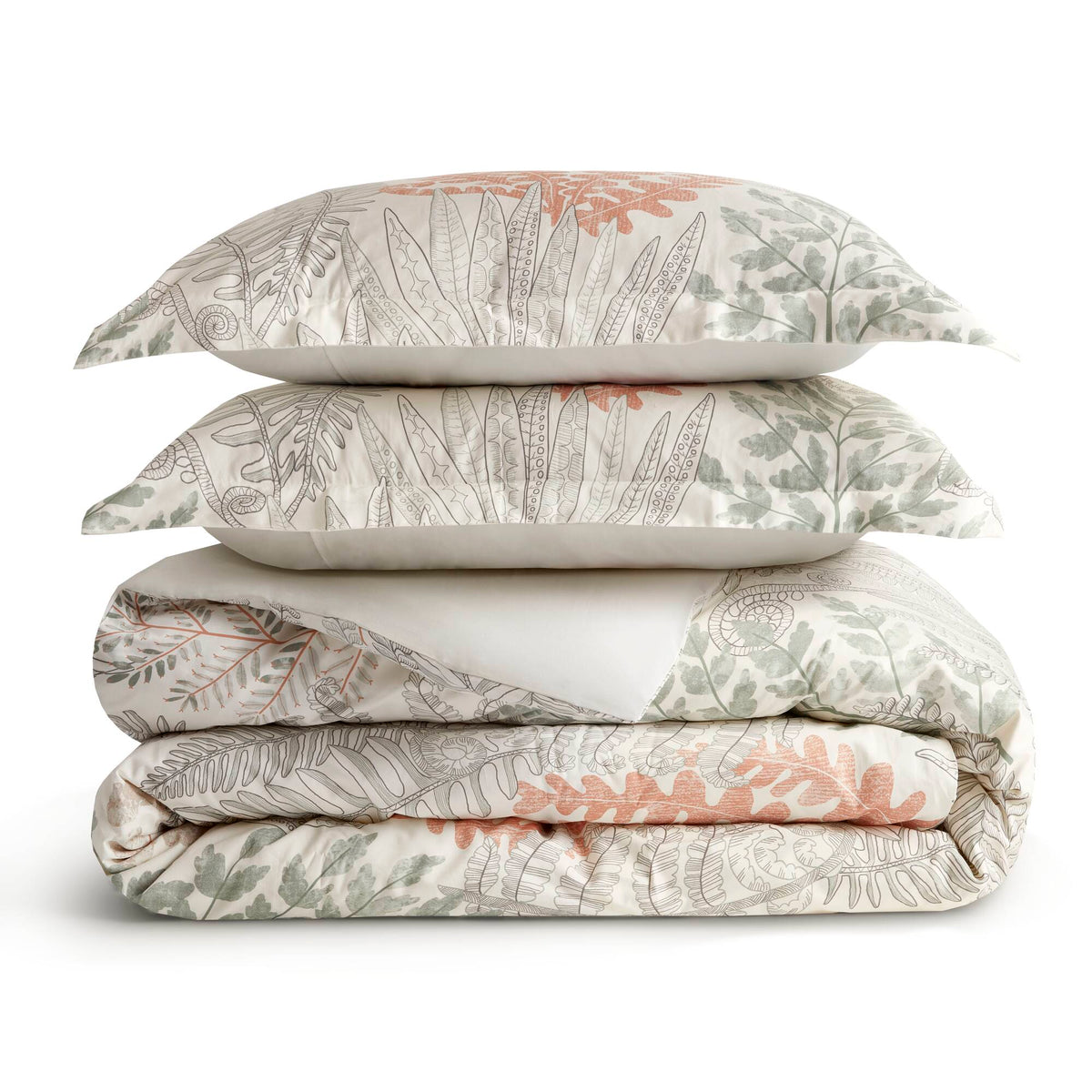 Cotton Sateen Duvet Cover Set Full/Queen by HouseOfZazla with botanical leaf print in gray coral on Tampa Home & Garden Store