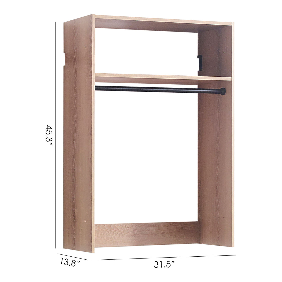 Wall mounted wood closet frame with modular unit, light brown finish and black hanging rod on Tampa Home & Garden Store