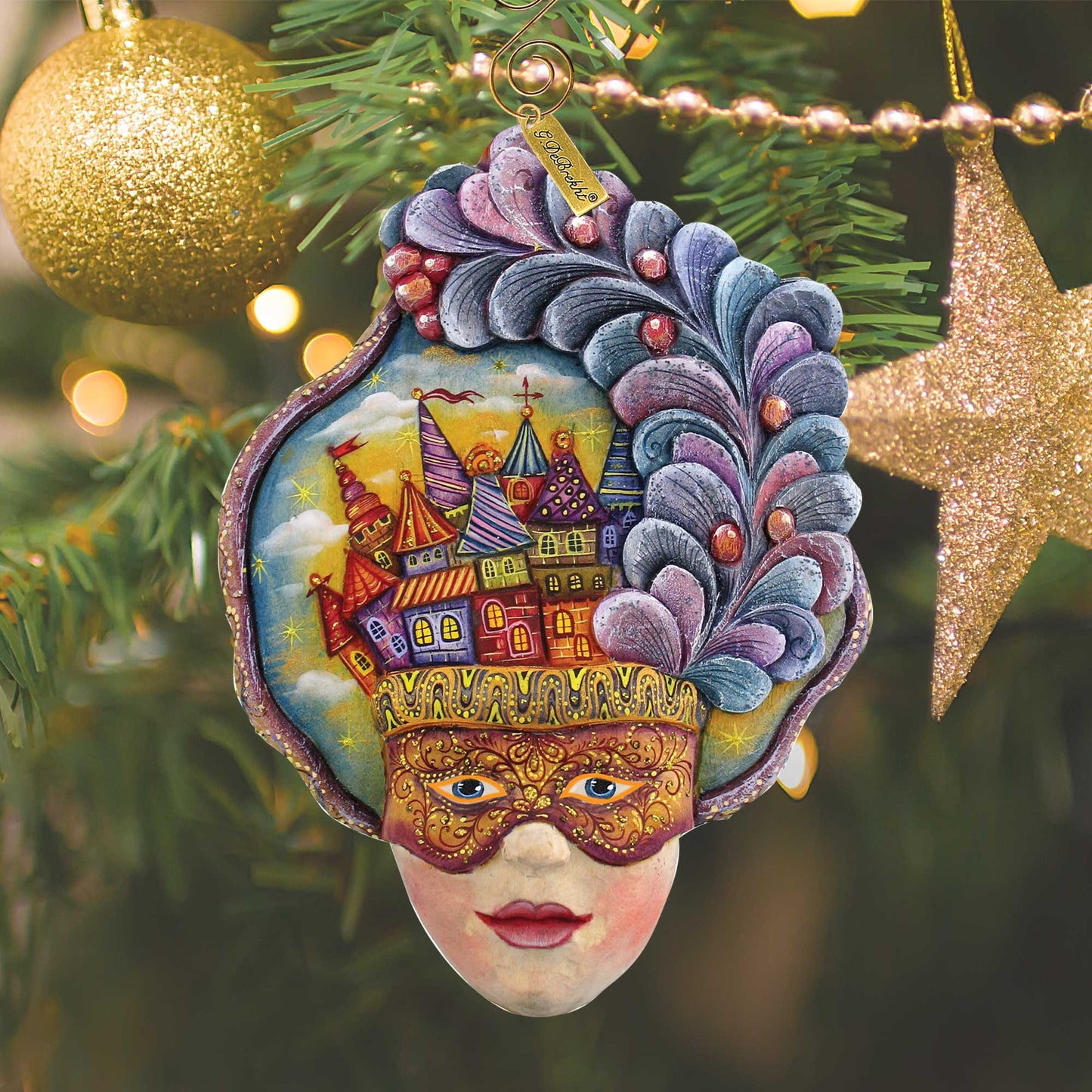 Castle Carnival Mask Sculpted Ornament by G. DeBrekht; blue-purple petals with town scene on Tampa Home & Garden Store