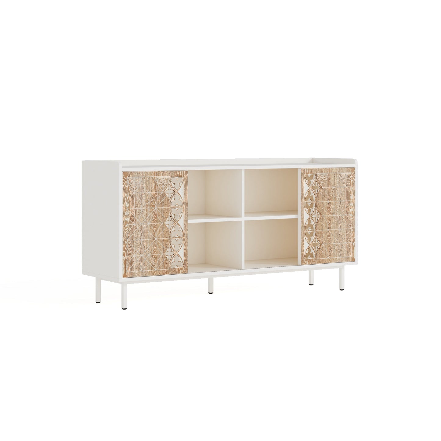 Sicotas Mid Century Sideboard white buffet with woven wood doors and center cubbies on Tampa Home & Garden Store