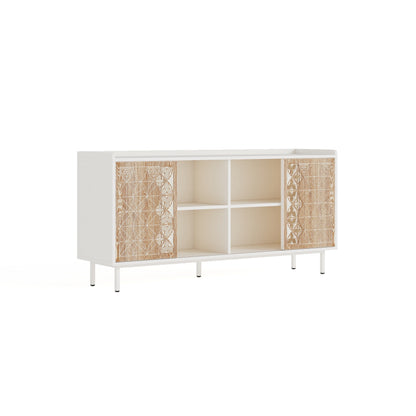 Sicotas Mid Century Sideboard white buffet with woven wood doors and center cubbies on Tampa Home & Garden Store