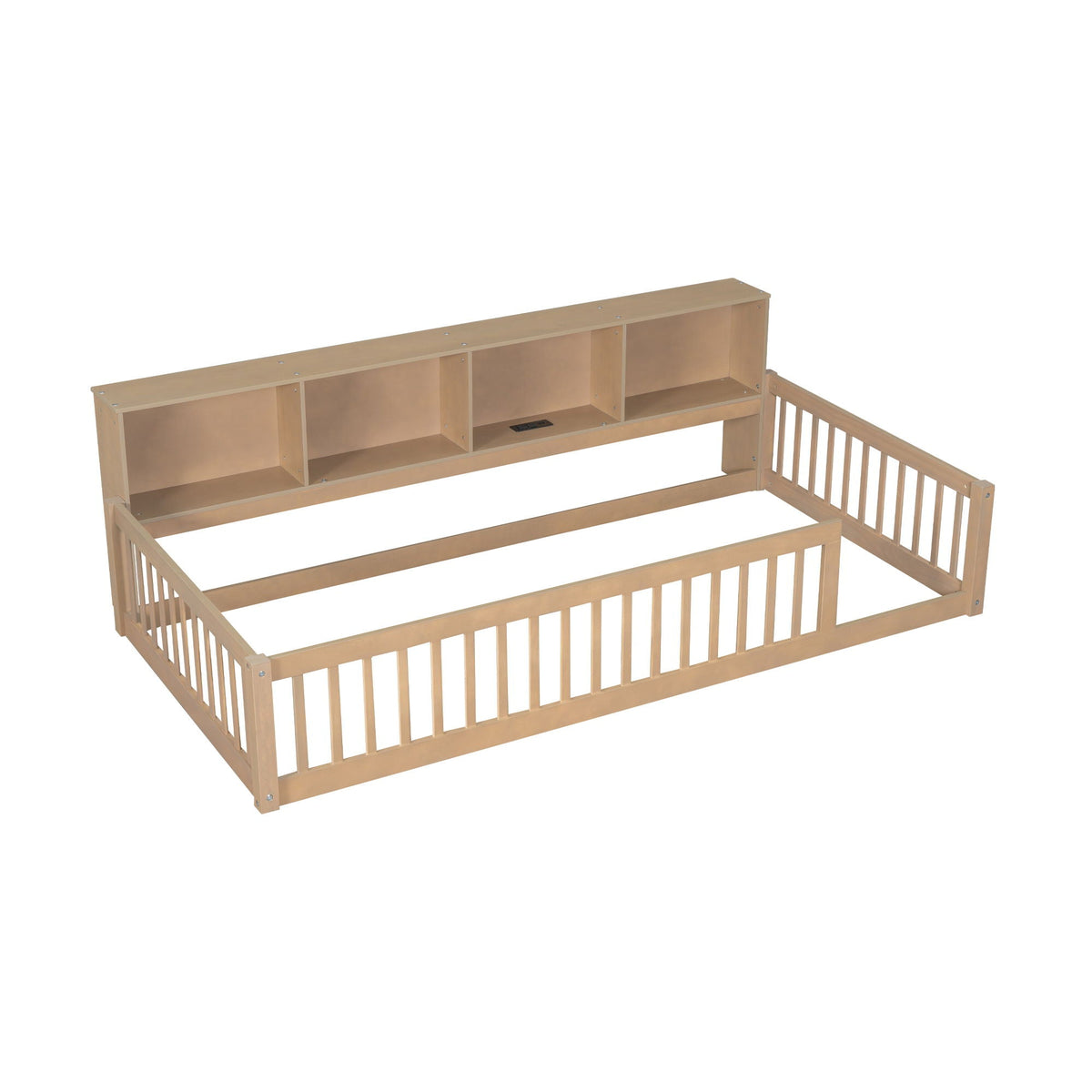 Floor bed with storage cabinets and USB ports in natural wood, HouseOfZazla storage bed on Tampa Home & Garden Store