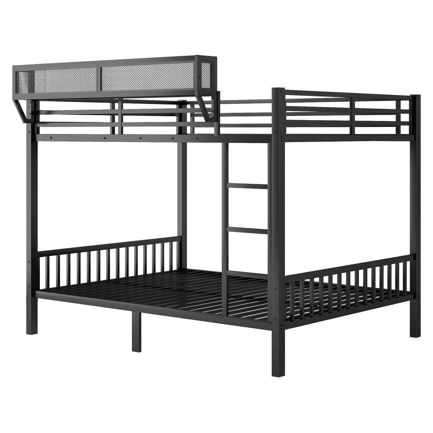 Queen over Queen bunk bed with ladder and storage shelf in black metal by HouseOfZazla on Tampa Home & Garden Store