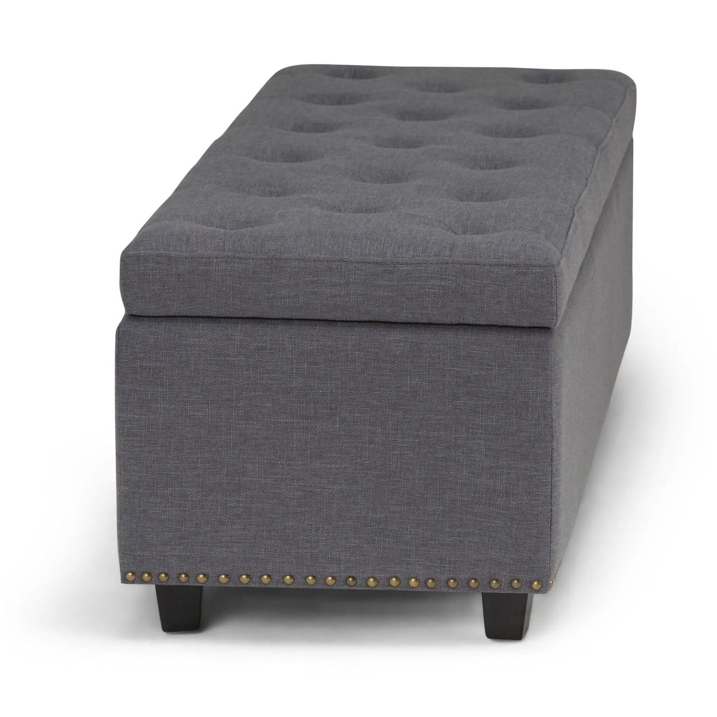 Hamilton Upholstered Storage Ottoman, gray fabric, tufted top, nailhead trim on Tampa Home & Garden Store