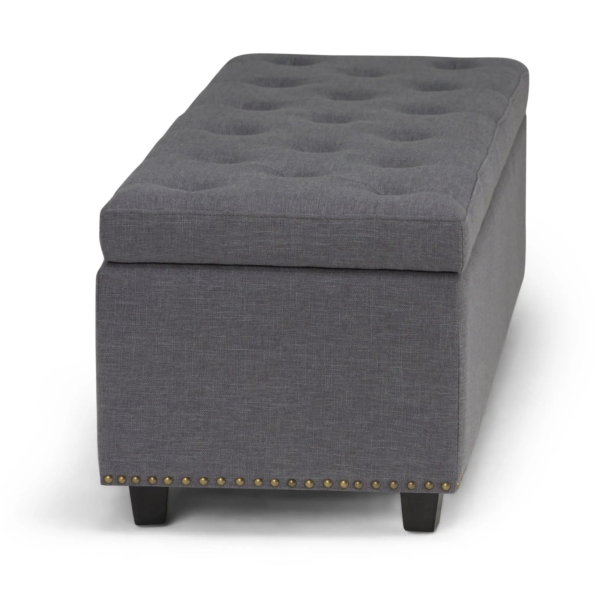Hamilton Upholstered Storage Ottoman, gray fabric, tufted top, nailhead trim on Tampa Home & Garden Store