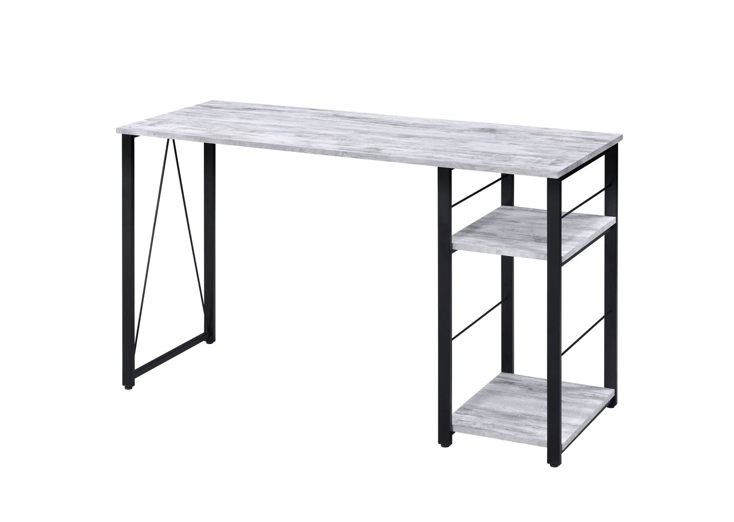Vadna Writing Desk by HouseOfZazla, gray woodgrain top, black metal legs, right-side shelf on Tampa Home & Garden Store