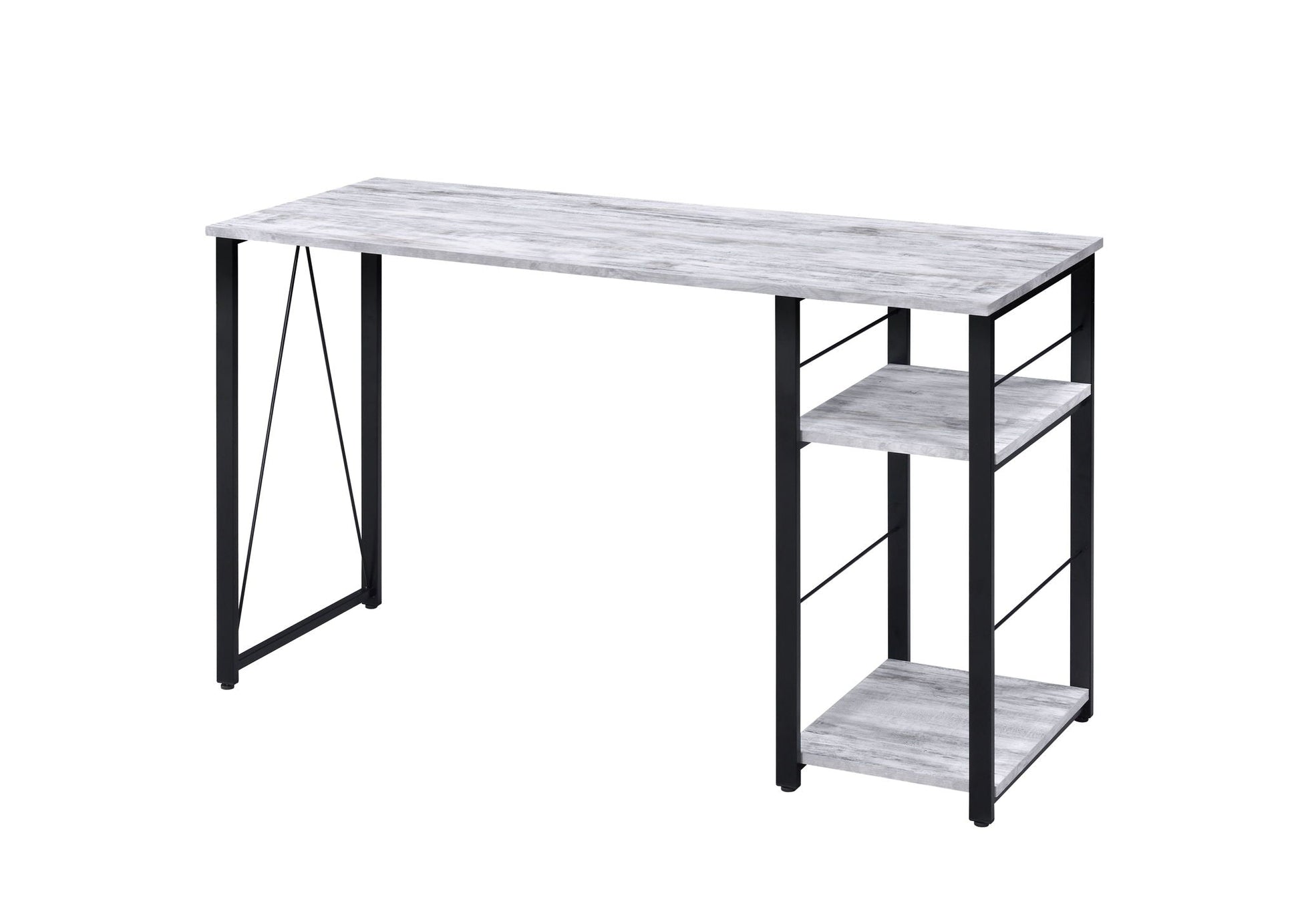 Vadna Writing Desk by HouseOfZazla, gray woodgrain top, black metal legs, right-side shelf on Tampa Home & Garden Store