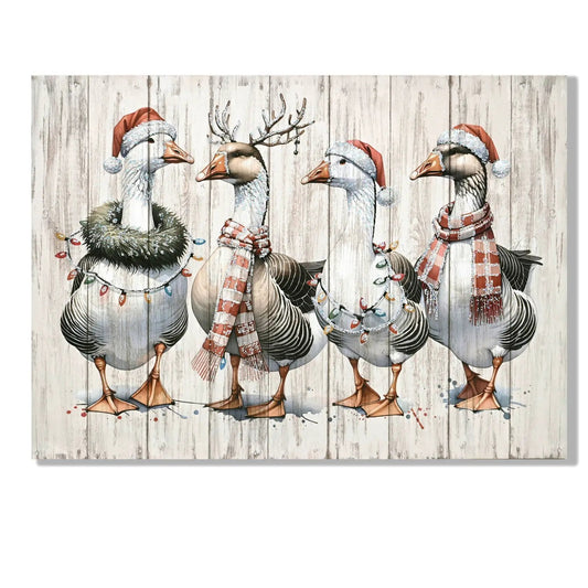 Framed vintage duck wall art print with Christmas hats and red buffalo scarves on canvas on Tampa Home & Garden Store
