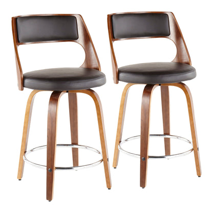 Mid-Century Modern Counter Stool Set with Swivel; two dark wood stools with black cushions on Tampa Home & Garden Store