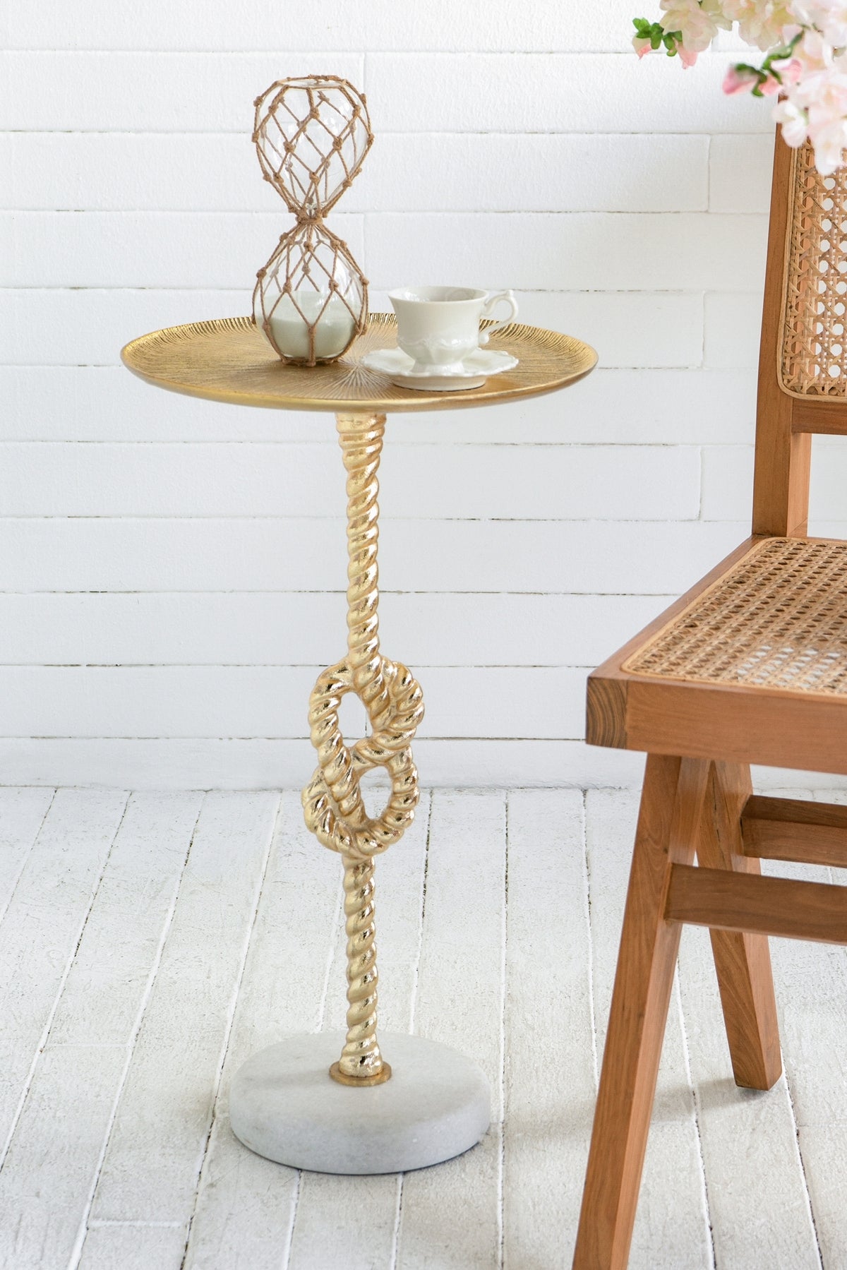 Gold rope-knot end table with white marble base, 13.8x13.8x24 on Tampa Home & Garden Store