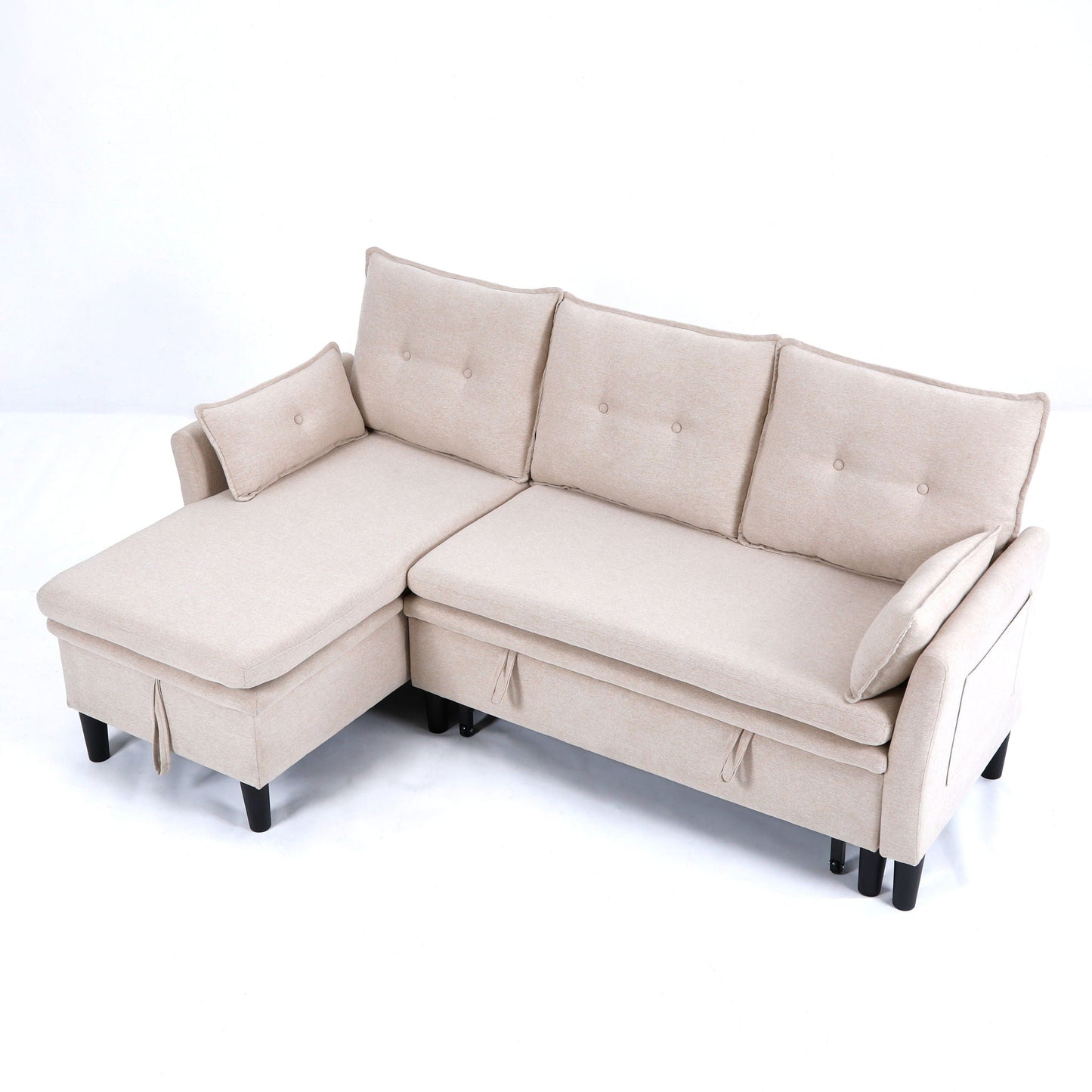 L-shaped reversible chaise sectional sofa with storage in beige fabric tufted cushions on Tampa Home & Garden Store