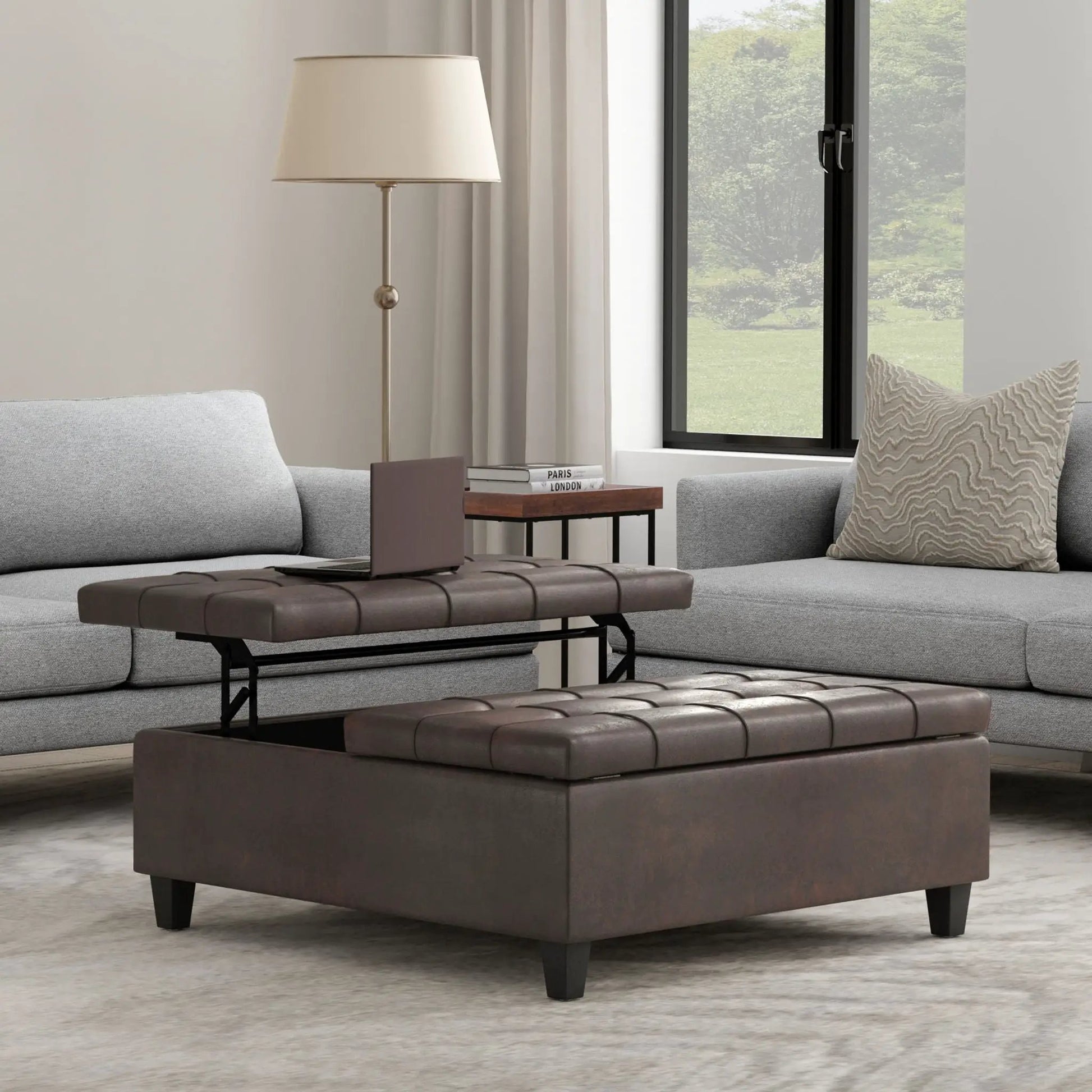 Harrison Large Coffee Table Storage Ottoman, dark brown leather top with metal legs on Tampa Home & Garden Store