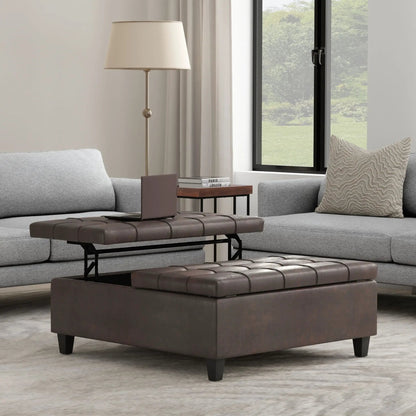 Harrison Large Coffee Table Storage Ottoman, dark brown leather top with metal legs on Tampa Home & Garden Store