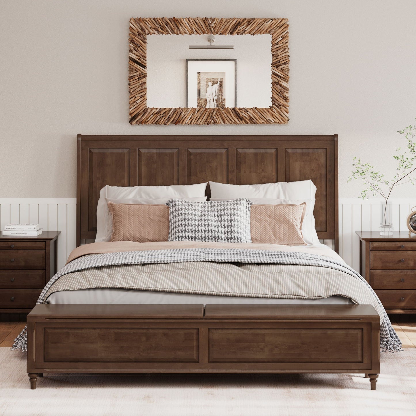 Modern Sleigh Bed with Tall Headboard and Bench