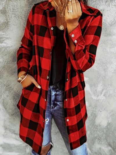 Stevvex red buffalo plaid snap-down jacket with collar and pockets on Tampa Home & Garden Store