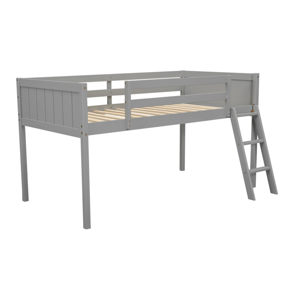 Low loft bed with adjustable ladder in gray finish, wooden slat base, HouseOfZazla on Tampa Home & Garden Store