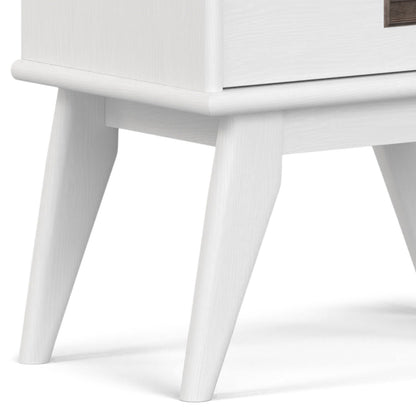Mid Century Wide Bookcase leg detail in white wood with tapered legs and rounded feet on Tampa Home & Garden Store