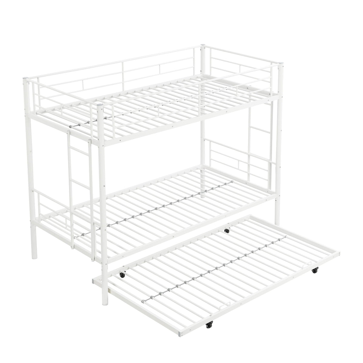 White metal bunk bed frame with top guard rails and a pull-out trundle on wheels on Tampa Home & Garden Store
