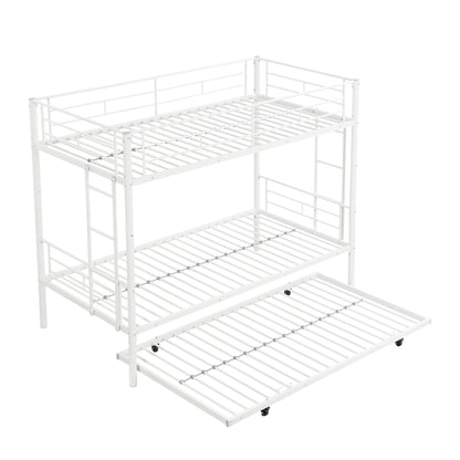 White metal bunk bed frame with top guard rails and a pull-out trundle on wheels on Tampa Home & Garden Store