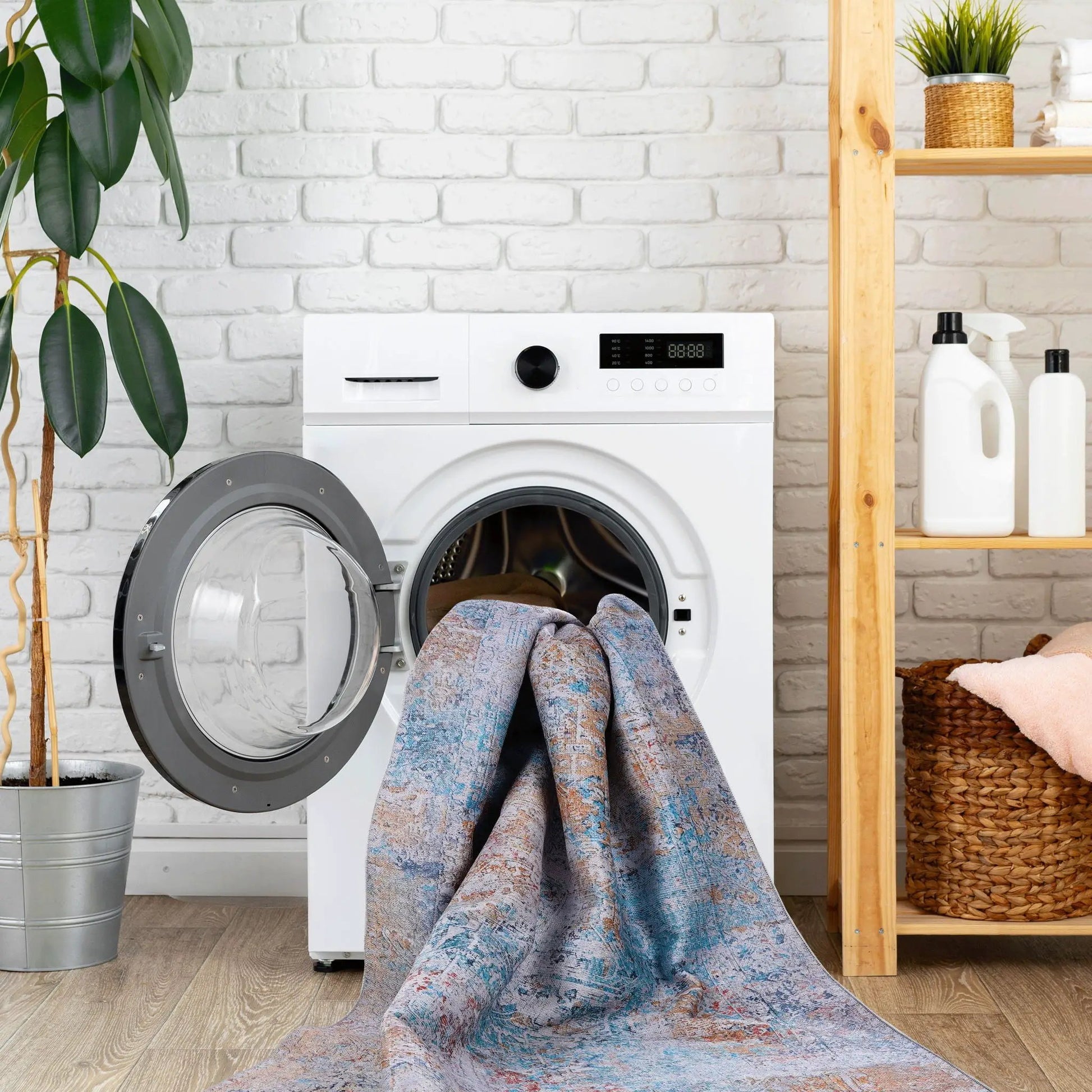 Maval Area Rug Washable by Unique Piece Furniture bluebeige rug draped over washing machine on Tampa Home & Garden Store