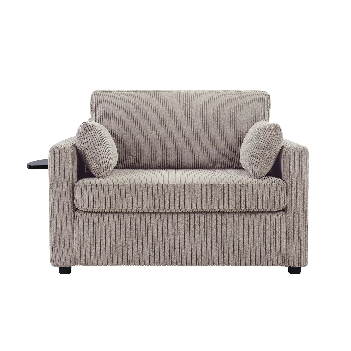 Sleeper sofa in taupe corduroy fabric with vertical ribbing and a black side table on Tampa Home & Garden Store