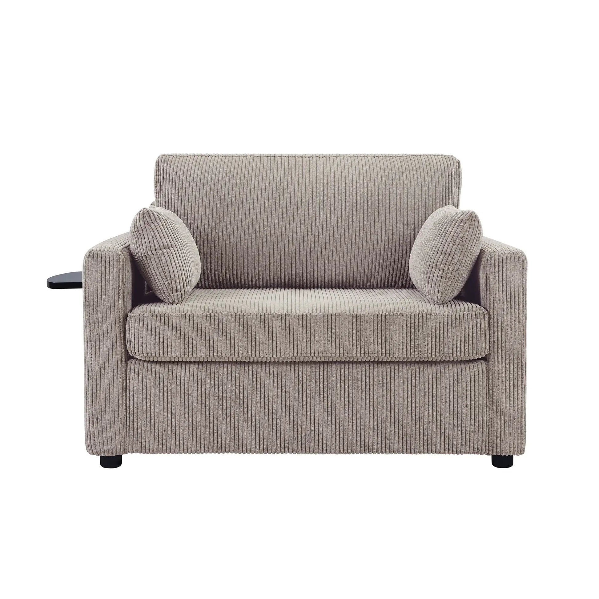 Sleeper sofa in taupe corduroy fabric with vertical ribbing and a black side table on Tampa Home & Garden Store