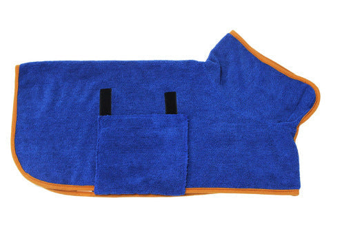 Absorbent Pet Bathrobe with waist-wrapped microfiber, blue with orange trim, Pet Zen on Tampa Home & Garden Store
