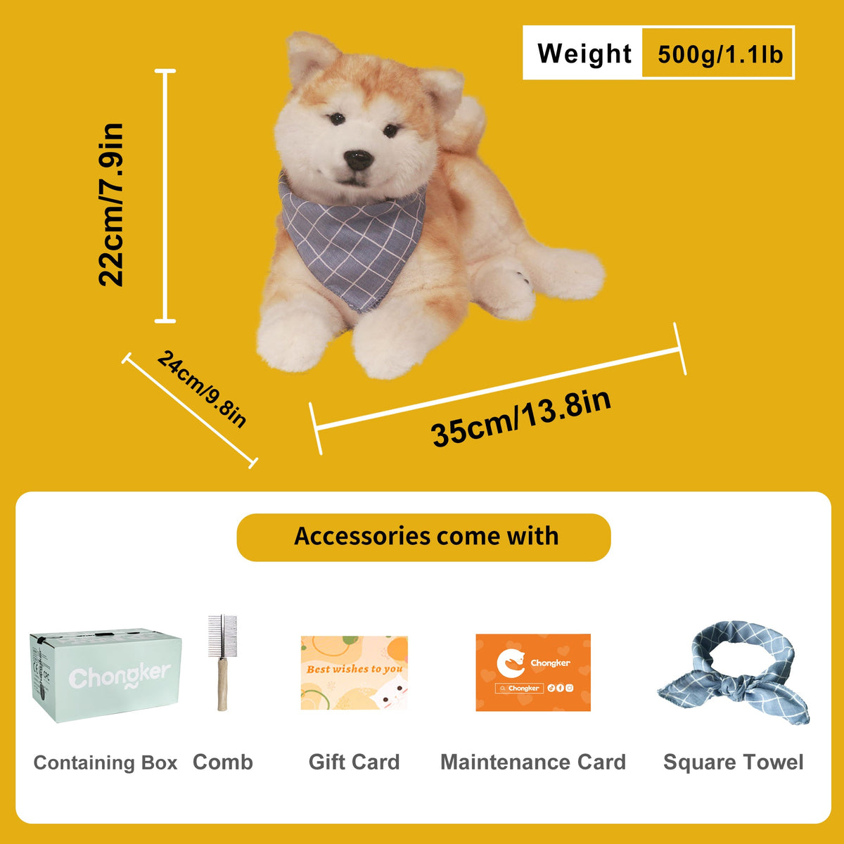 Akita Dog Plush stuffed animal by Chongker, tan/cream fur with blue bandana on Tampa Home & Garden Store