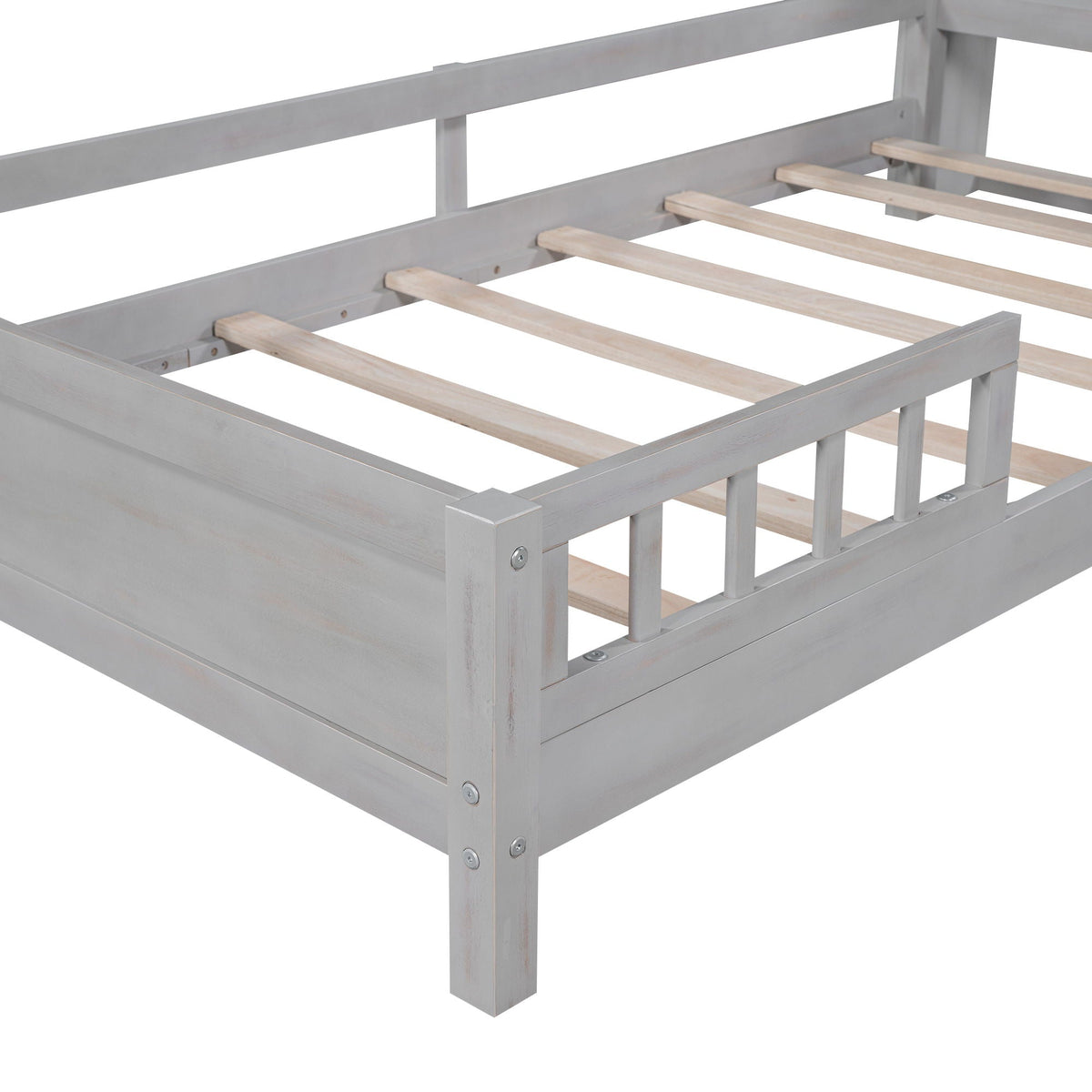 Wood platform bed frame in gray wash with guardrail and slatted foundation on Tampa Home & Garden Store