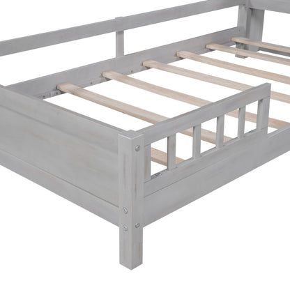 Wood platform bed frame in gray wash with guardrail and slatted foundation on Tampa Home & Garden Store
