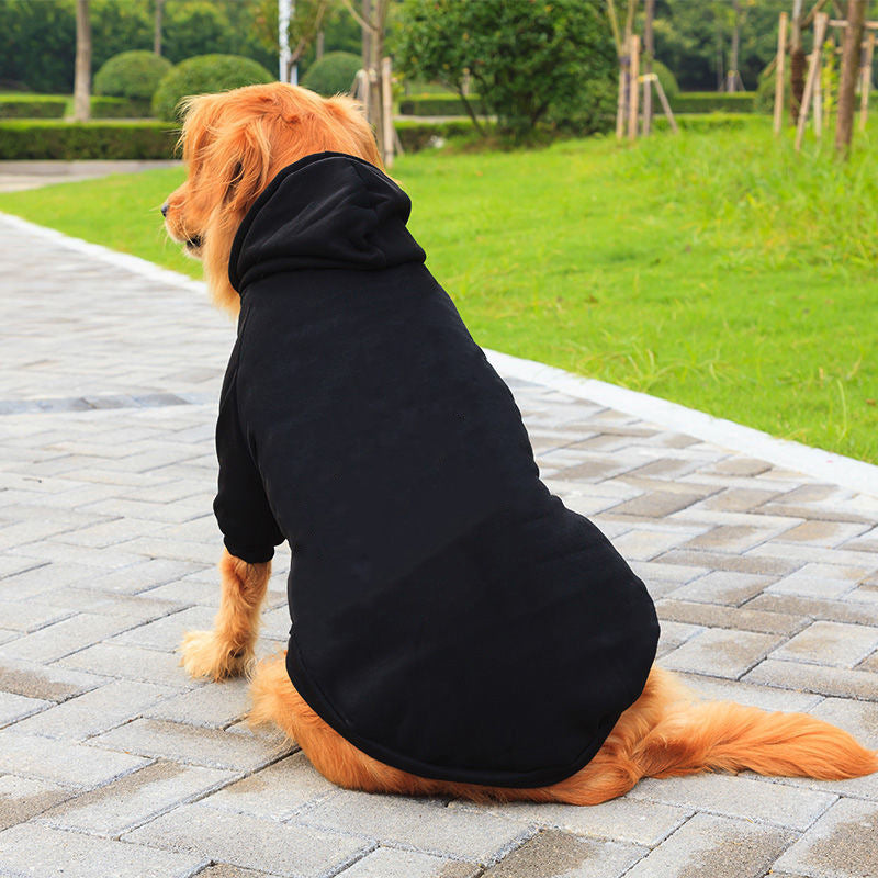Pet Zen solid color dog sweater hoodie black worn by a dog on a brick path in a park on Tampa Home & Garden Store