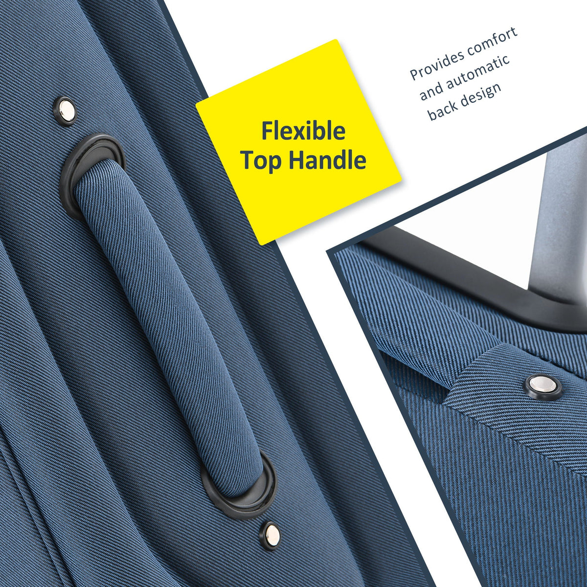 Softside luggage fabric close-up with top-handle hardware and a yellow label on Tampa Home & Garden Store