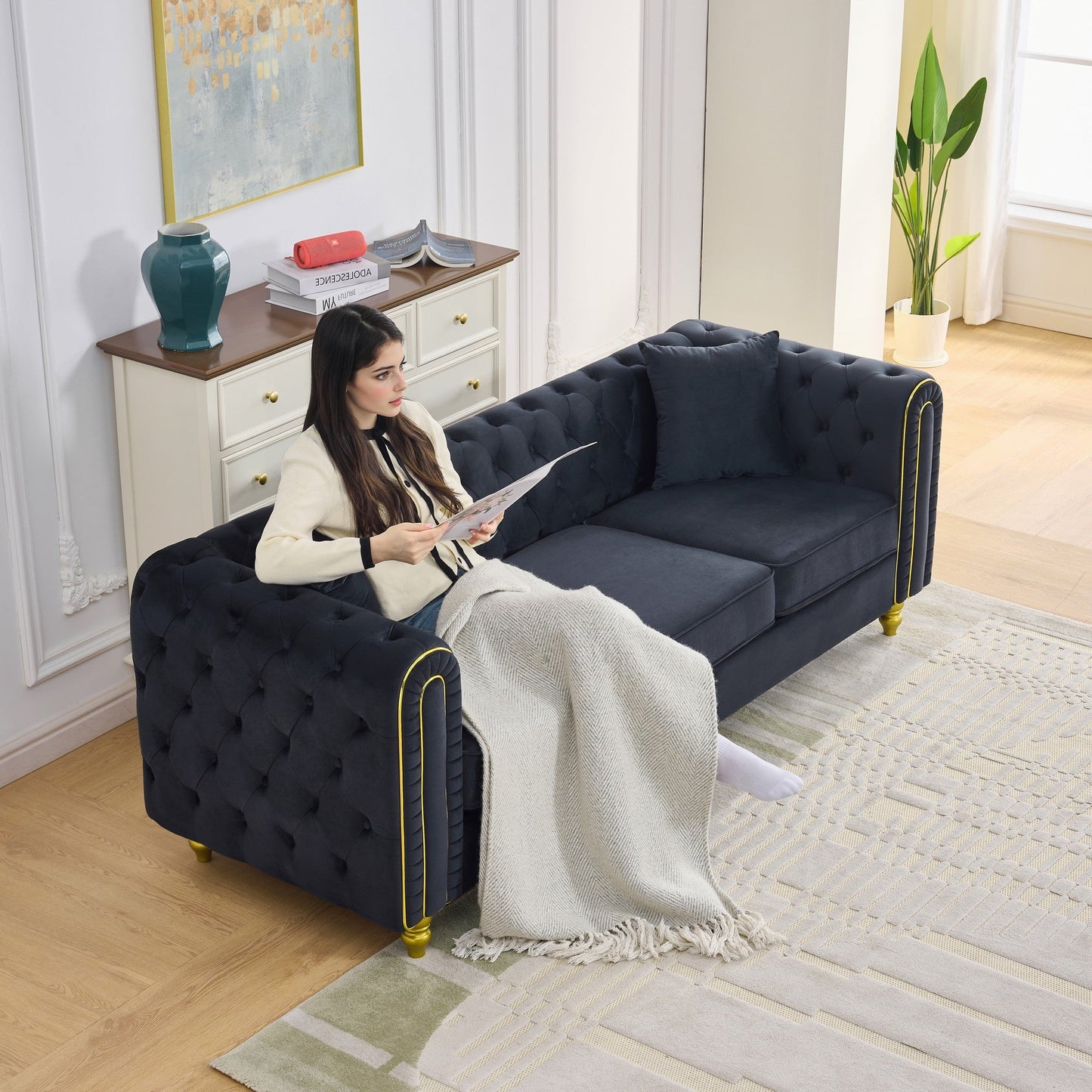 Modern Velvet Chesterfield Loveseat Sofa