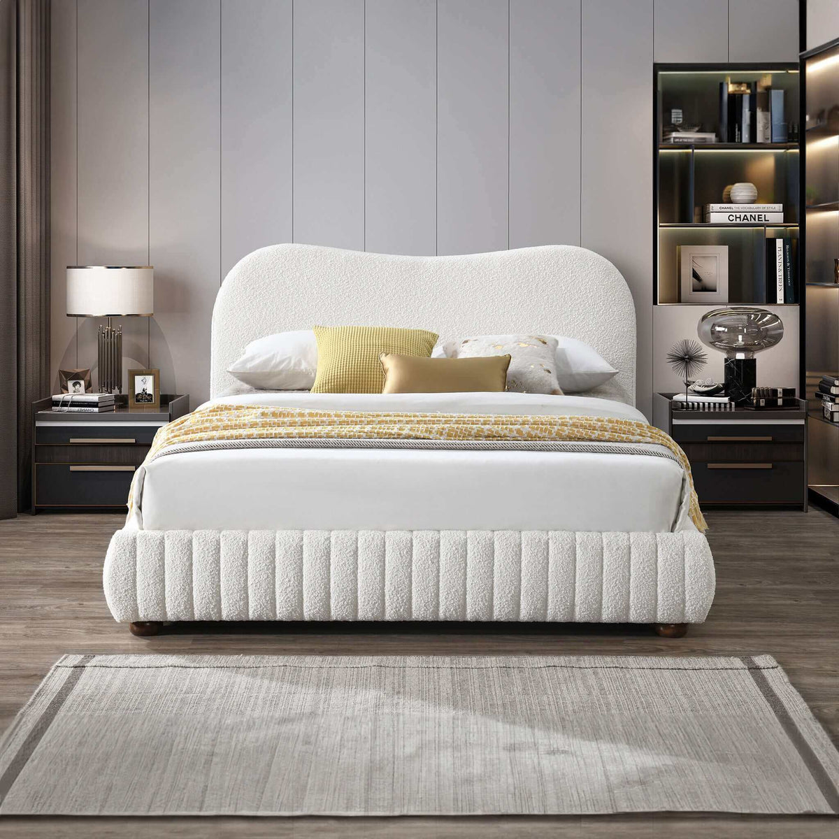 Norme queen size upholstered low-profile platform bed in cream fabric with curved headboard on Tampa Home & Garden Store