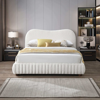 Norme queen size upholstered low-profile platform bed in cream fabric with curved headboard on Tampa Home & Garden Store