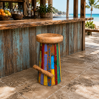 Reclaimed Boat Wood Bar Stool with round natural seat and colorful painted pedestal at beach bar on Tampa Home & Garden Store